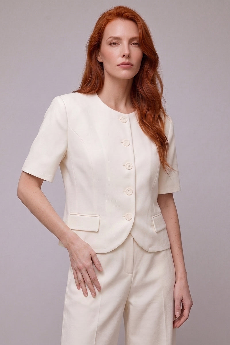 Round Neck Short Sleeve Button Tailored Shorts Sets