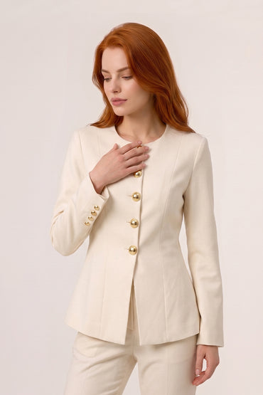 Gold Button Minimalist Round Neck Tailored Pants Sets