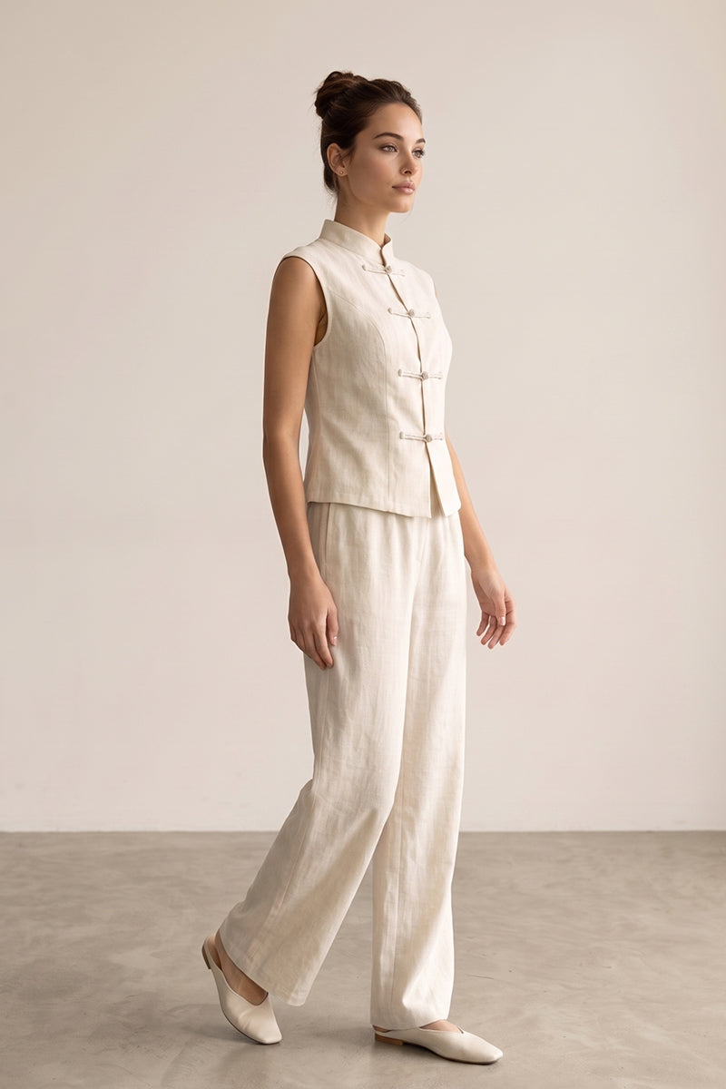 Mandarin Collar Knot Vest Wide Leg Pants Tailored Sets