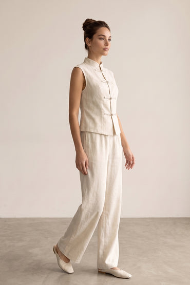 Mandarin Collar Knot Vest Wide Leg Pants Tailored Sets