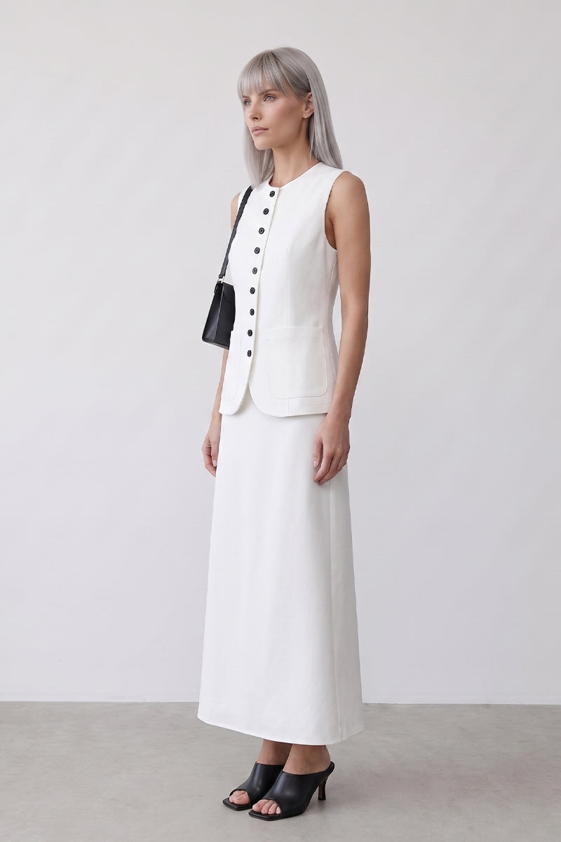 Round Neck Sleeveless Button Down Tailored Skirt Sets