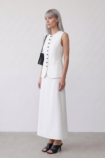 Round Neck Sleeveless Button Down Tailored Skirt Sets