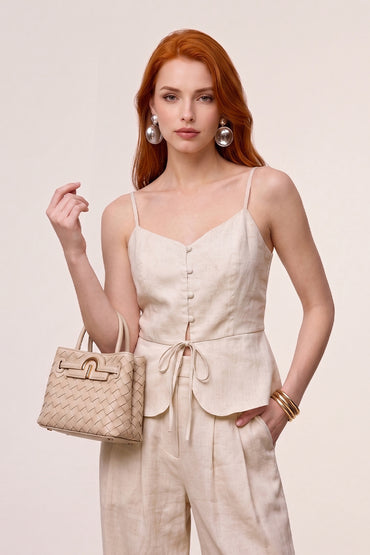 Linen Camisole Peplum Wide Leg Tailored Pant Sets