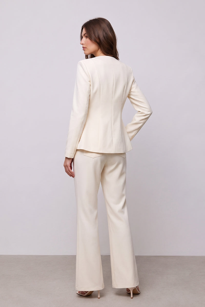 Gold Button Minimalist Round Neck Tailored Pants Sets