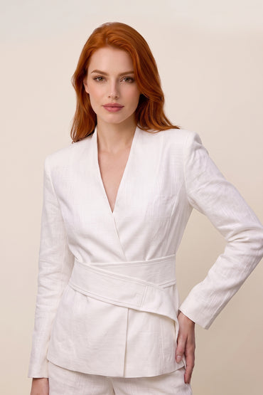 V Neck Wrap Tie Blazer Tailored Shorts Sets