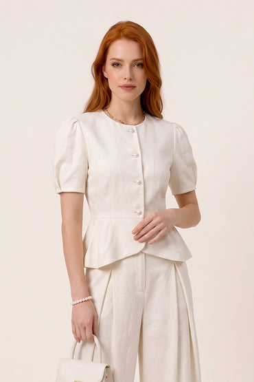 Round Neck Peplum Pant Set Brunch Comfortable