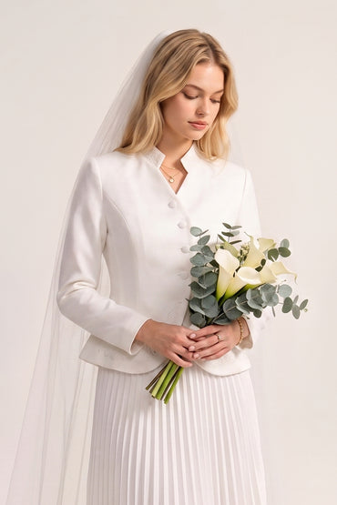 Mock Neck Embroidered Pleated Tailored Skirt Sets