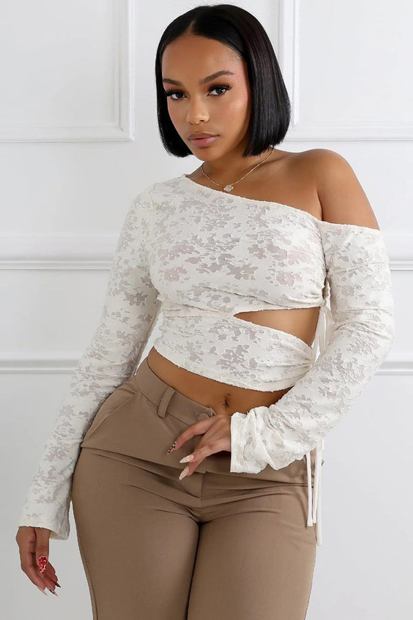 Jacquard One Shoulder Long Sleeve Cutout Crop Top
