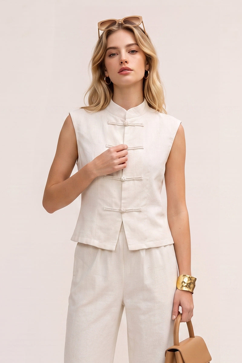 Mandarin Collar Knot Vest Wide Leg Pants Tailored Sets