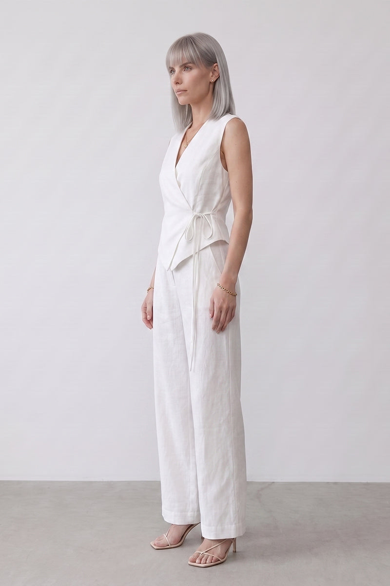 V Neck Wrap Tie Wide Leg Tailored Sets