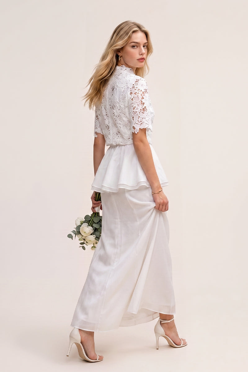 Mock Neck Lace Peplum Tailored Maxi Skirt Sets