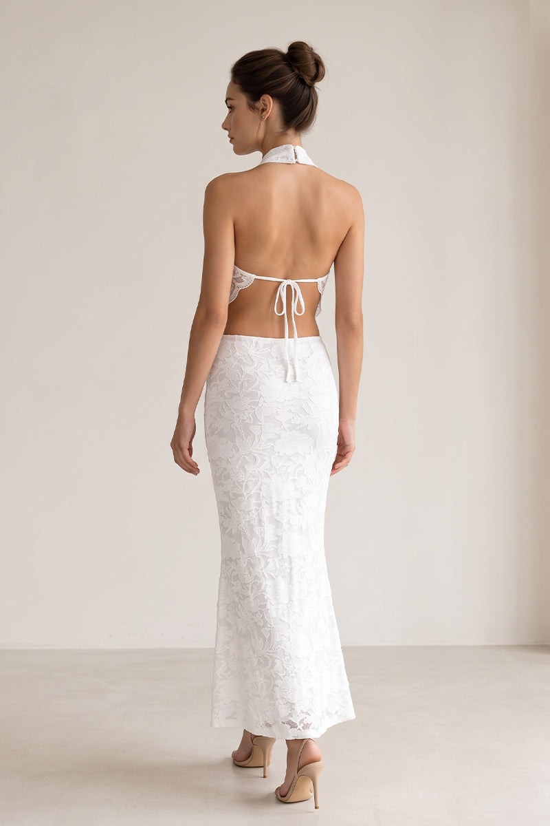 Cowl Neck Backless Lace Jacquard Tailored Skirt Sets