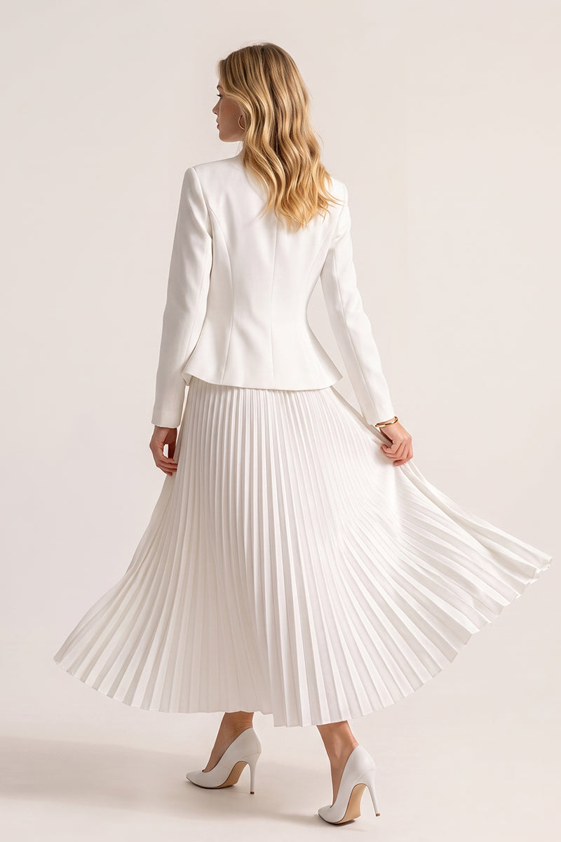 Mock Neck Embroidered Pleated Tailored Skirt Sets