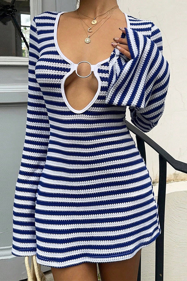 Ring Cutout Bell Sleeves Striped Knit Mini Dress