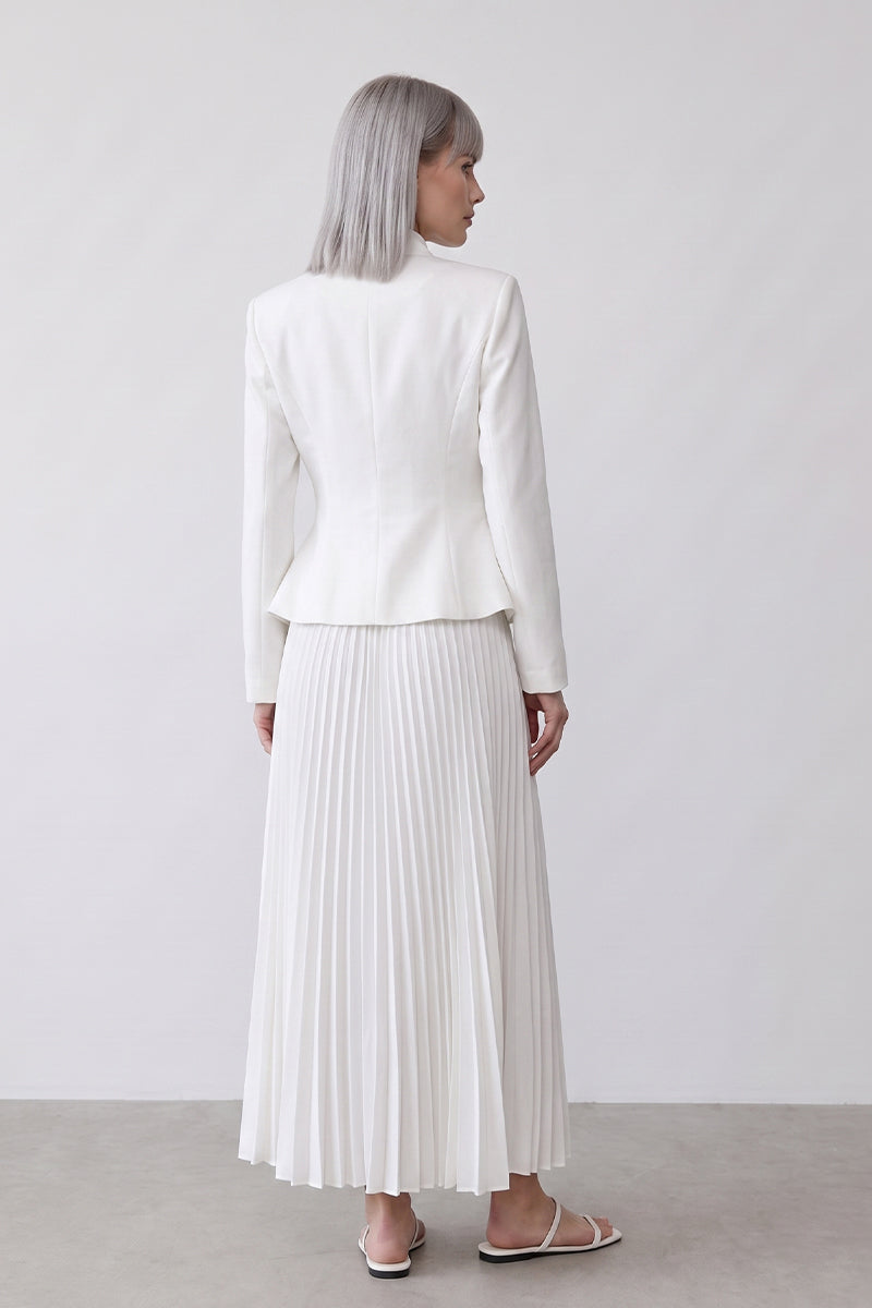 Mock Neck Embroidered Pleated Tailored Skirt Sets
