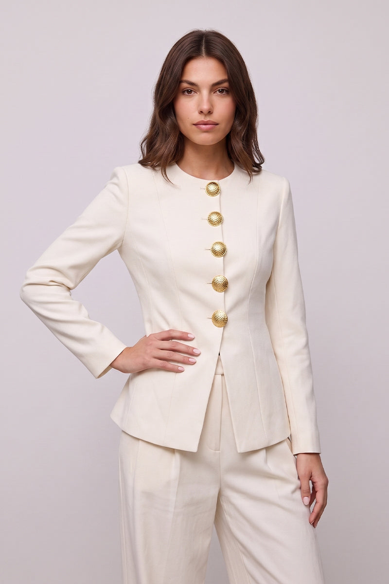Gold Button Minimalist Round Neck Tailored Pants Sets