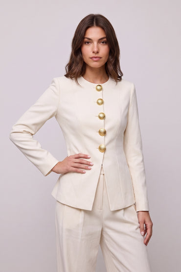 Gold Button Minimalist Round Neck Tailored Pants Sets