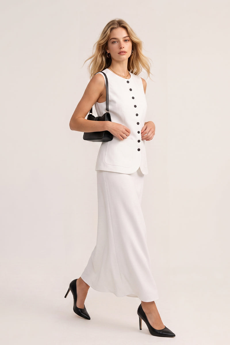 Round Neck Sleeveless Button Down Tailored Skirt Sets