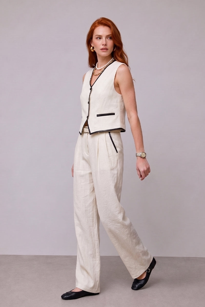 Contrast Trim Vest Wide Leg Tailored Pants Sets