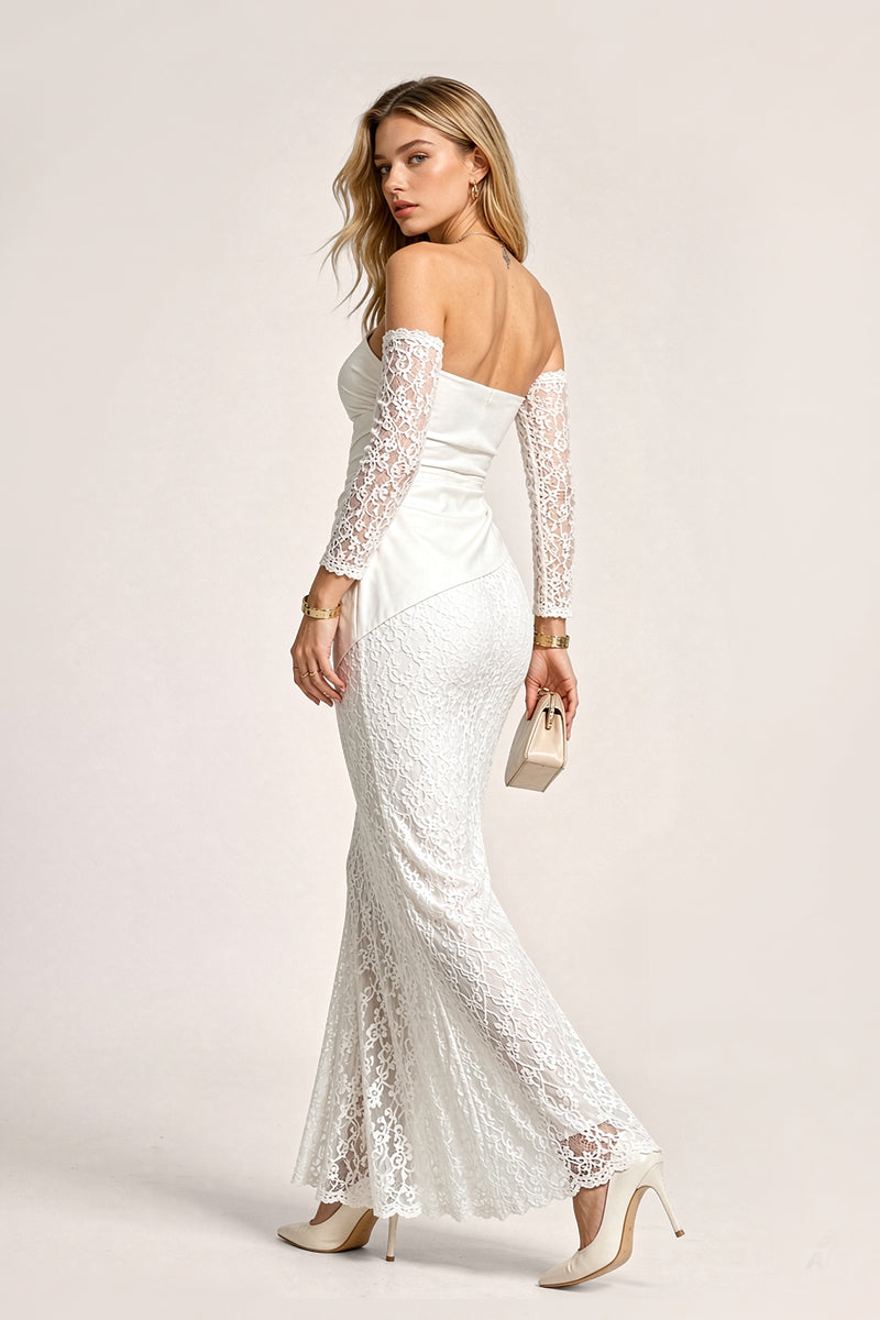 Off Shoulder Lace Patchwork Maxi Skirt Tailored Sets