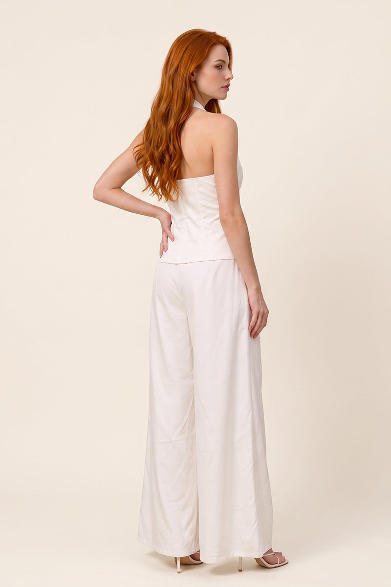 V Neck Ruched Tie Wide Leg Tailored Sets