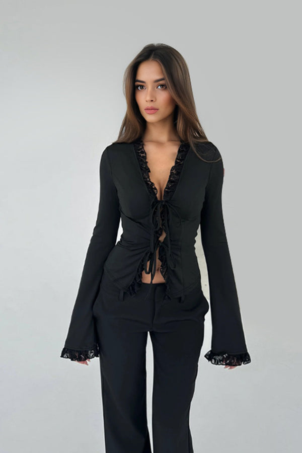 V Neck Ruffled Trumpet Sleeves Front Tie Top