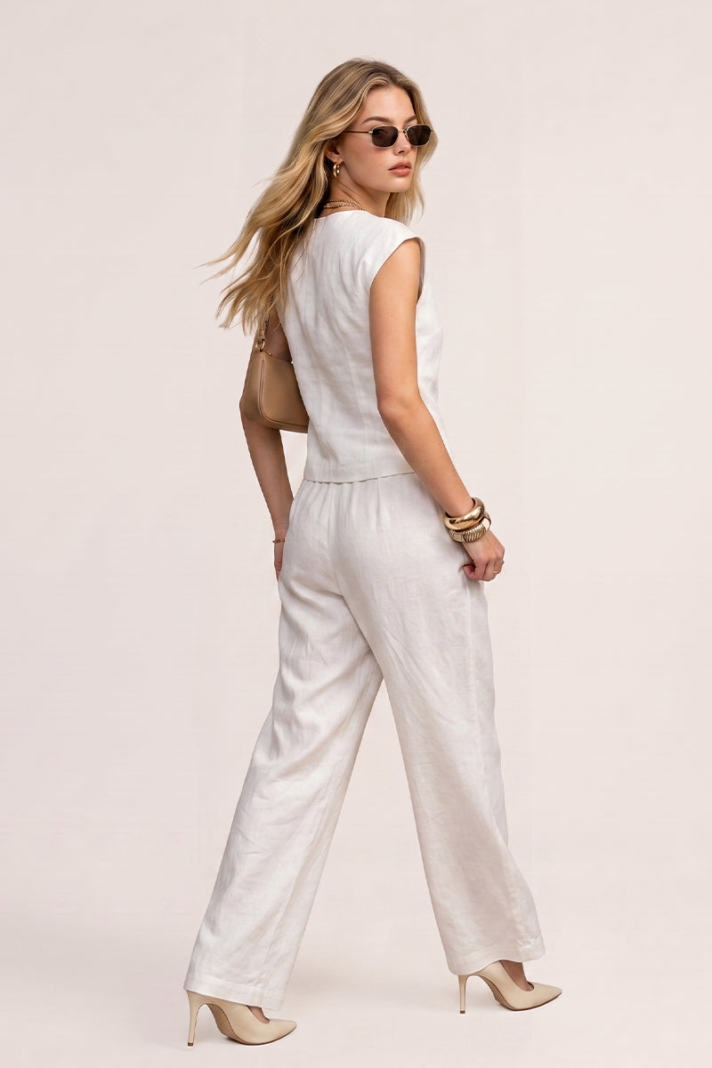 Mandarin Collar Tie Front Wide Leg Pants Tailored Sets