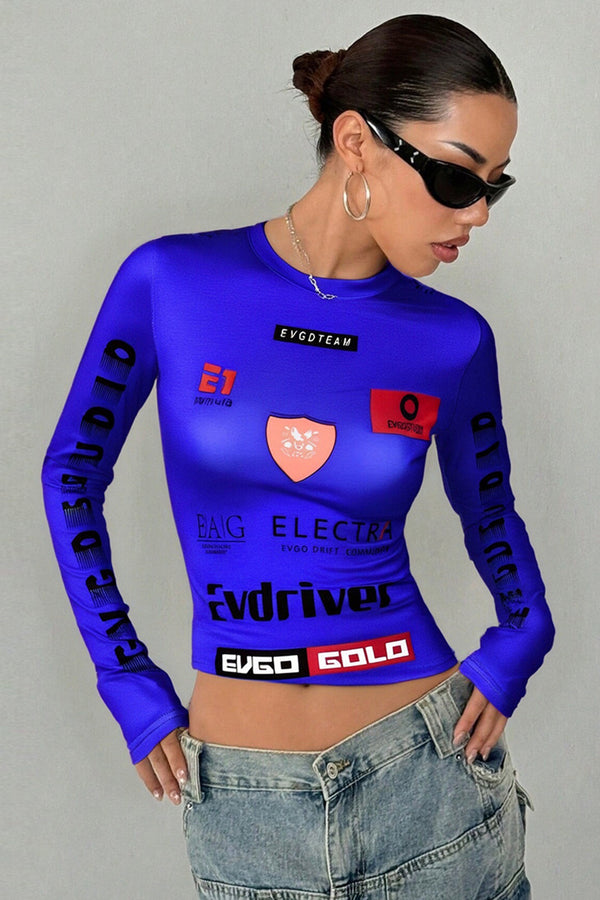 Moto Biker Print Y2K Long Sleeve T Shirt