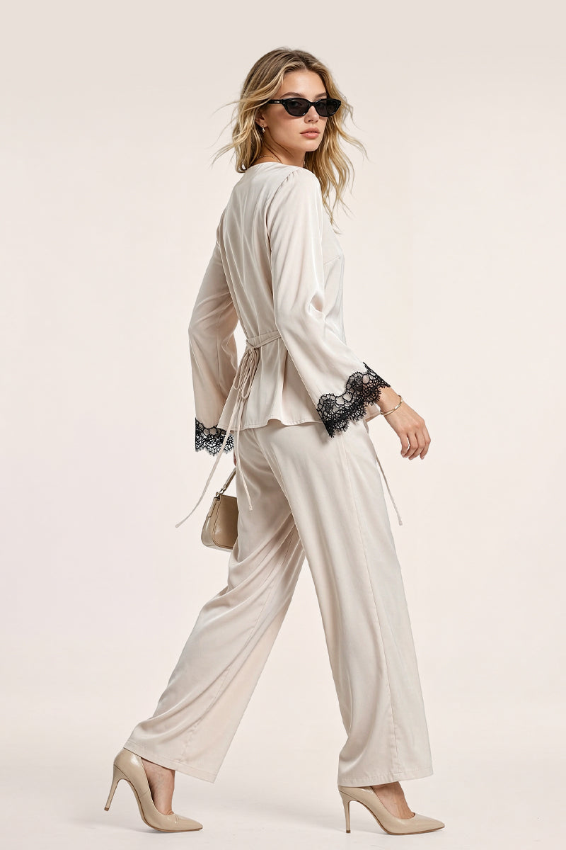 Lace Trim Satin Pant Set Dinner Elegant