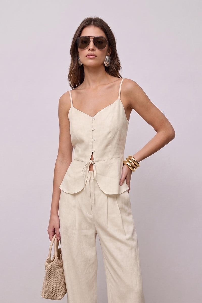 Linen Camisole Peplum Wide Leg Tailored Pant Sets