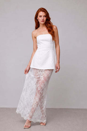 Strapless Peplum Detailed Lace Splicing Tailored Skirt Sets