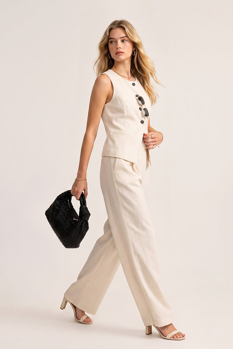 Round Neck Sleeveless Button Wide Leg Tailored Sets