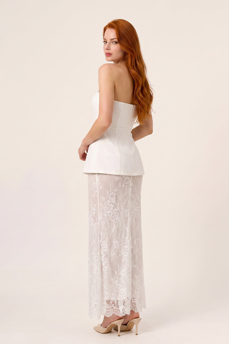 Strapless Peplum Detailed Lace Splicing Tailored Skirt Sets
