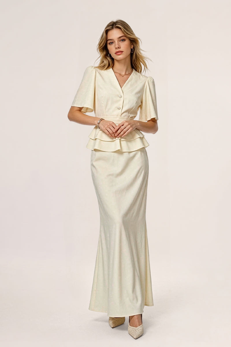 Short Sleeve Ruffled Fishtail Maxi Skirt Tailored Sets