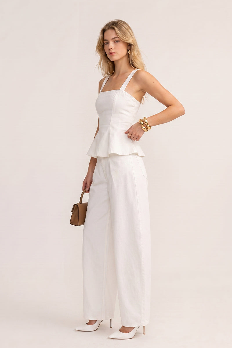 Square Neck Ruffle Vest Wide Leg Pants Tailored Sets