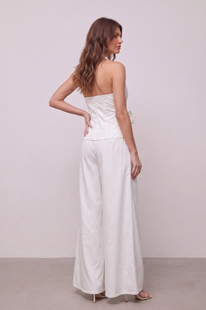 V Neck Ruched Tie Wide Leg Tailored Sets
