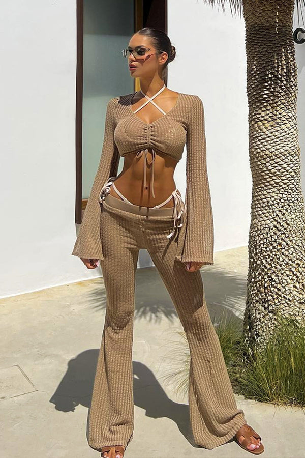 Bandage Crop Top And Hollow Knit Pants Set