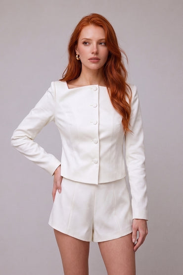 Asymmetric Neck Long Sleeve Tailored Shorts Sets