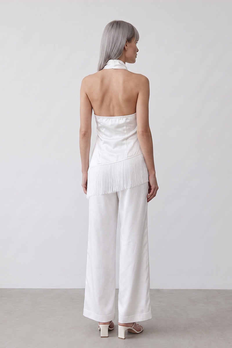 Cowl Neck Backless Fringe Hem Tailored Pants Sets