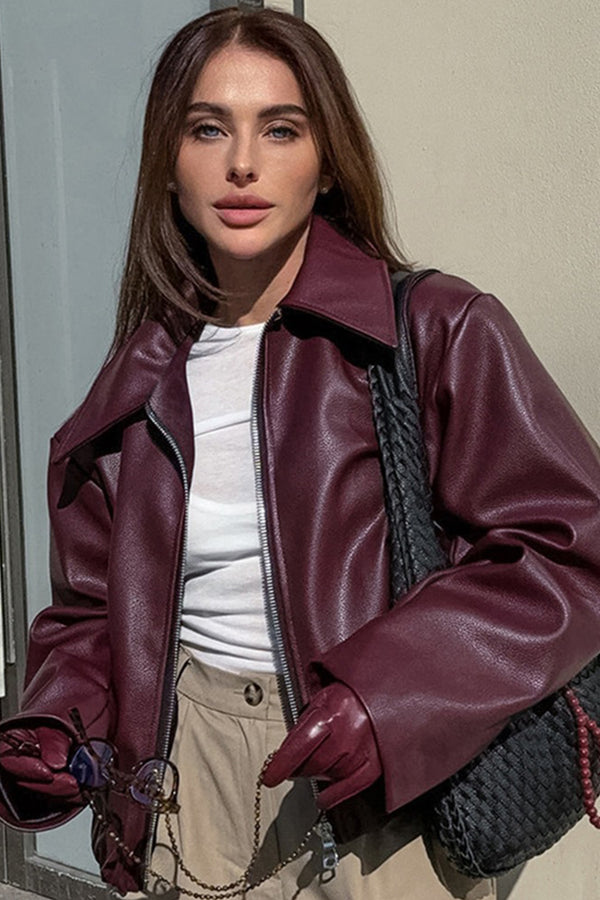 Lapel Zipper Leather Crop Jacket