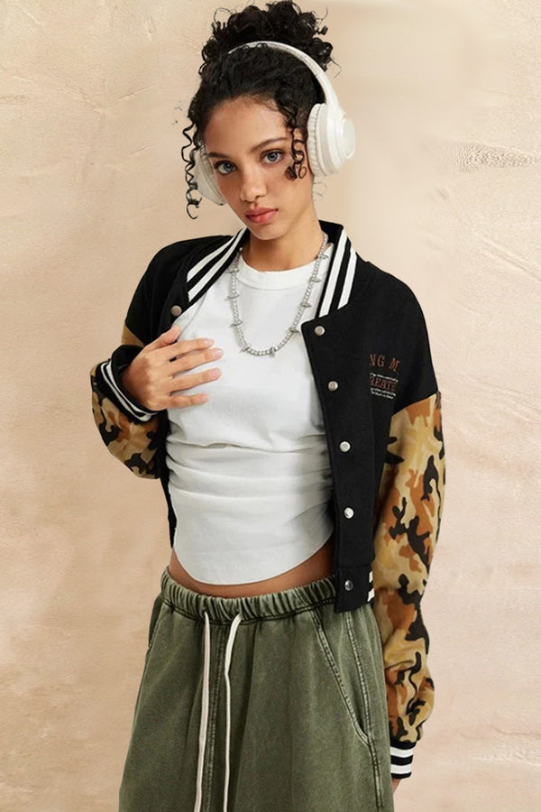 Letter Embroidery Camouflage Splicing Varsity Jacket