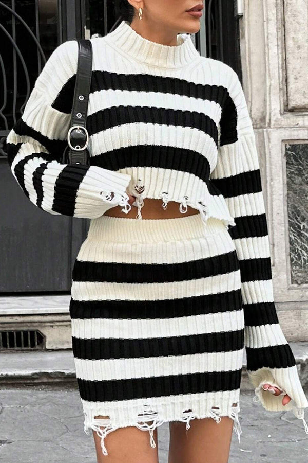 High Neck Striped Ripped Knit Mini Skirt Set