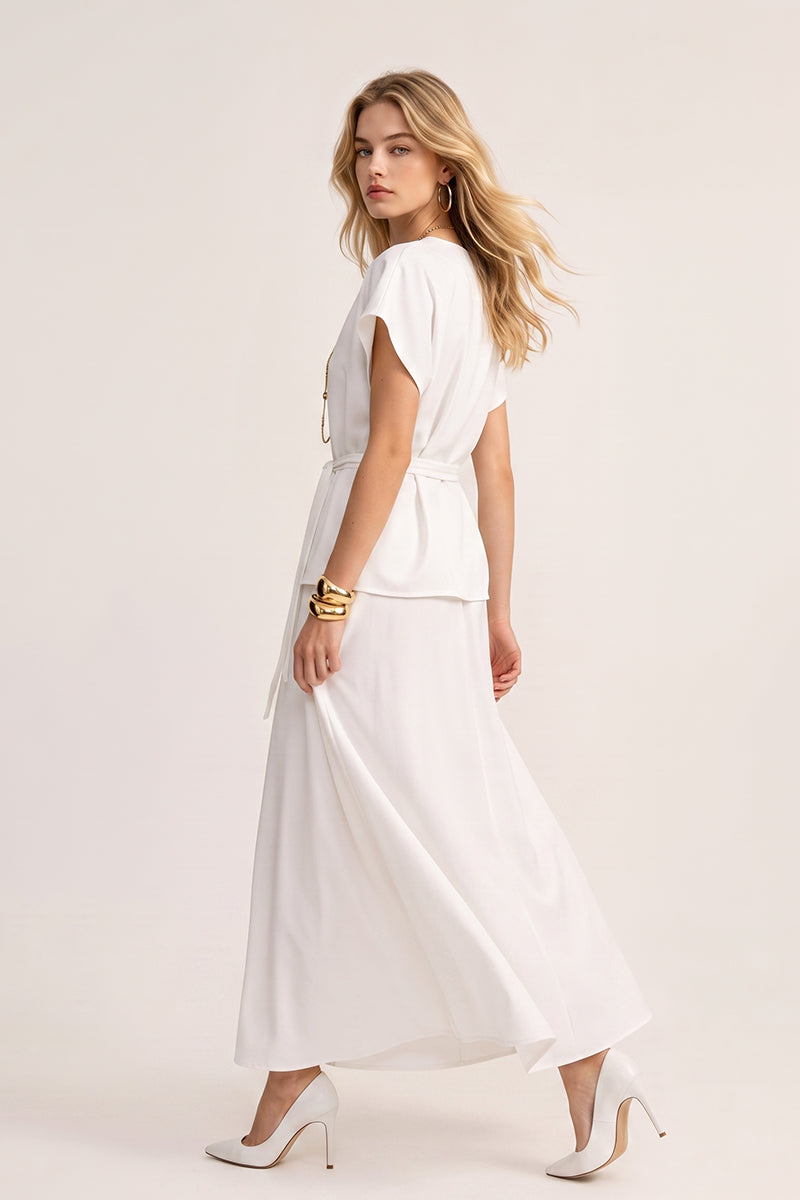 V Neck Tie Waist Tailored Skirt Sets