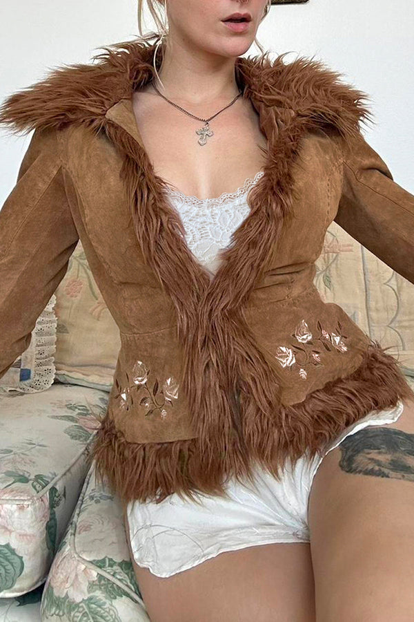 Faux Fur Trim Embroidered Open Front Crop Coat