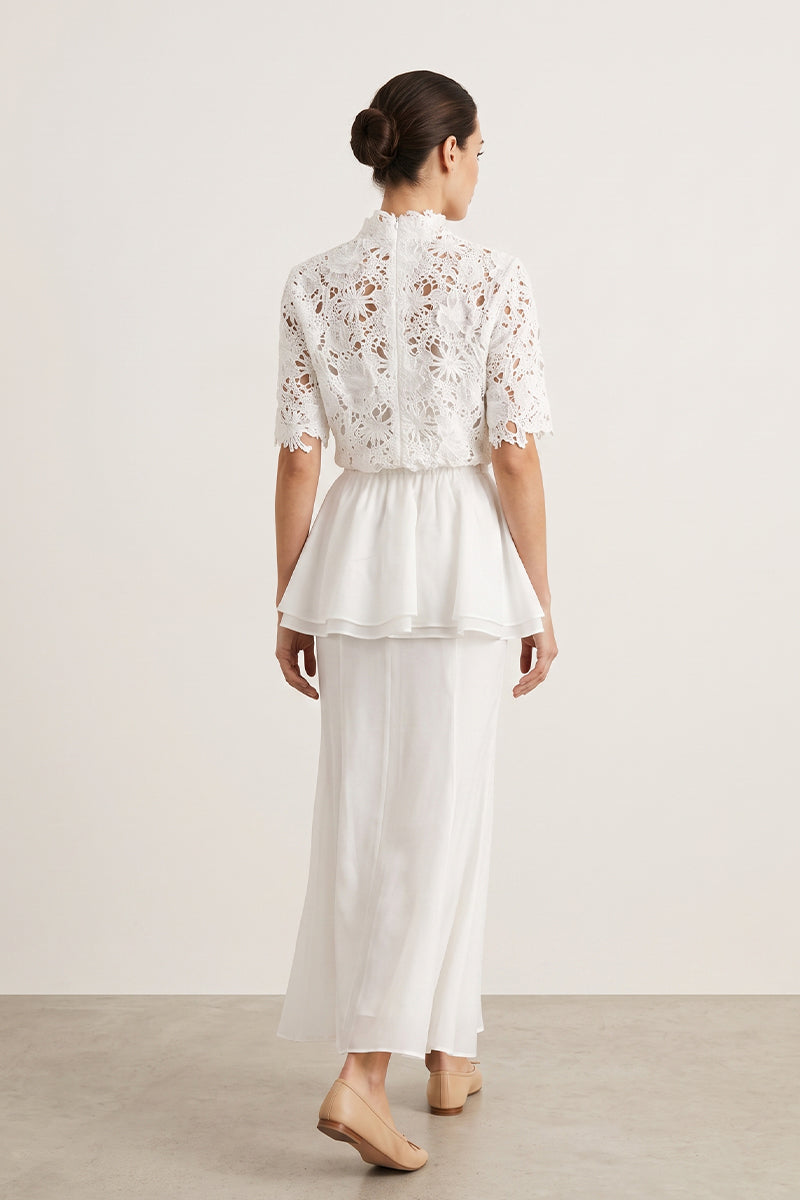 Mock Neck Lace Peplum Tailored Maxi Skirt Sets
