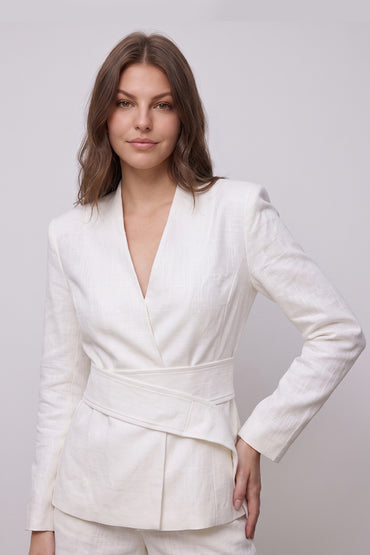 V Neck Wrap Tie Blazer Tailored Shorts Sets