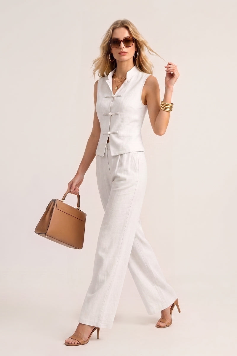 Mandarin Collar Knot Vest Wide Leg Pants Tailored Sets