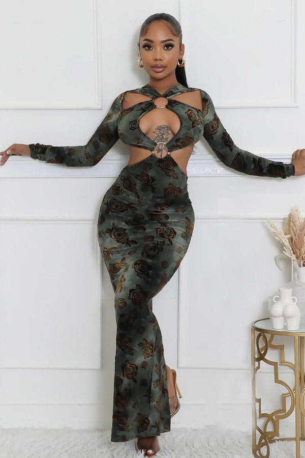 Long Sleeve Ring Cutout Floral Velvet Maxi Dress