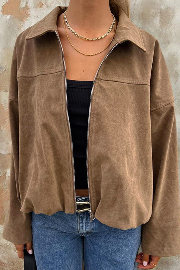 Lapel Zipper Suedette Bubble Hem Jacket