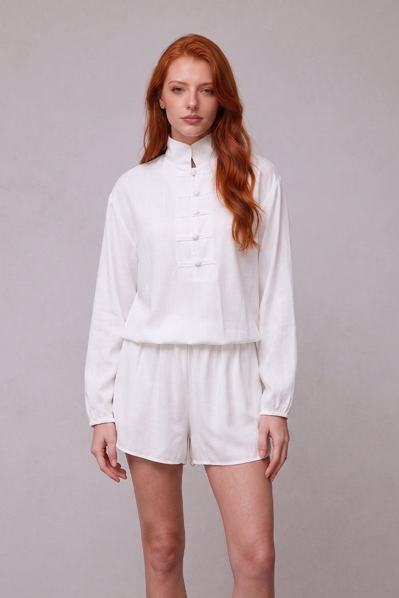 Mandarin Collar Long Sleeve Tailored Shorts Sets
